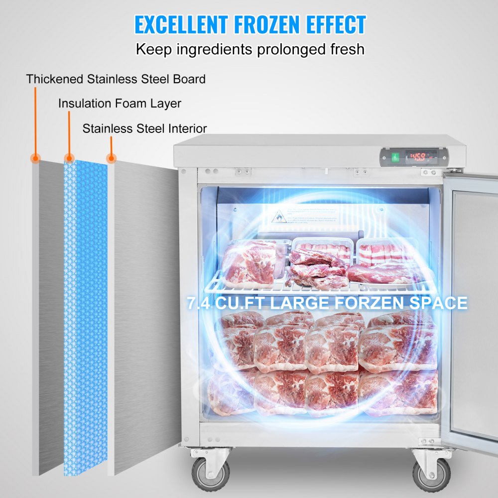 VEVOR 28" Commercial Frozen Refrigerator Sandwich & Salad Prep Table, 7.4 Cu. Ft Stainless Steel Refrigerated Food Prep Station with 1 Door, Frost Free Refrigerator with Lock for Restaurant, Bar