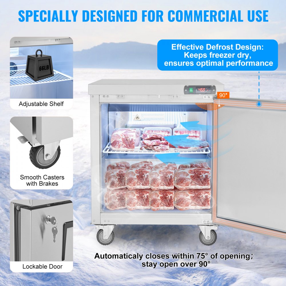 VEVOR 28" Commercial Frozen Refrigerator Sandwich & Salad Prep Table, 7.4 Cu. Ft Stainless Steel Refrigerated Food Prep Station with 1 Door, Frost Free Refrigerator with Lock for Restaurant, Bar