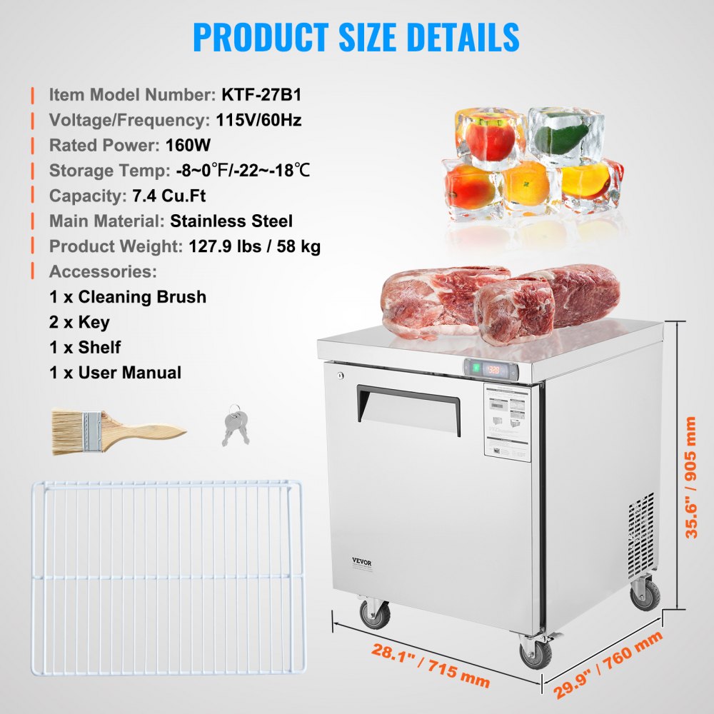 VEVOR 28" Commercial Frozen Refrigerator Sandwich & Salad Prep Table, 7.4 Cu. Ft Stainless Steel Refrigerated Food Prep Station with 1 Door, Frost Free Refrigerator with Lock for Restaurant, Bar