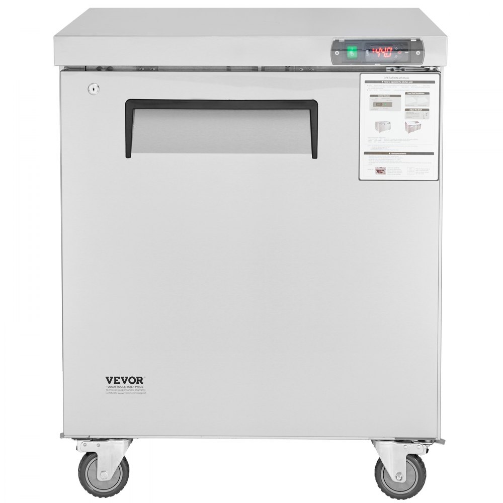 VEVOR 28" Commercial Frozen Refrigerator Sandwich & Salad Prep Table, 7.4 Cu. Ft Stainless Steel Refrigerated Food Prep Station with 1 Door, Frost Free Refrigerator with Lock for Restaurant, Bar