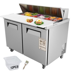 VEVOR Commercial Refrigerator, 48″ Sandwich & Salad Prep Table, 12.85 Cu. Ft Thick Stainless Steel Refrigerated Food Prep Station with 12 Pans Cutting Board, 2 Door Fridge for Restaurant, Bar, Shop | VEVOR US