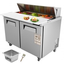 VEVOR Commercial Refrigerator, 48" Sandwich & Salad Prep Table, 12.85 Cu. Ft Thick Stainless Steel Refrigerated Food Prep Station with 12 Pans Cutting Board, 2 Door Fridge for Restaurant, Bar, Shop