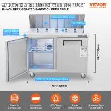 VEVOR Commercial Refrigerator, 48" Sandwich & Salad Prep Table, 12.85 Cu. Ft Thick Stainless Steel Refrigerated Food Prep Station with 12 Pans Cutting Board, 2 Door Fridge for Restaurant, Bar, Shop