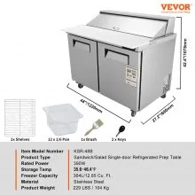 VEVOR Commercial Refrigerator, 48" Sandwich & Salad Prep Table, 12.85 Cu. Ft Thick Stainless Steel Refrigerated Food Prep Station with 12 Pans Cutting Board, 2 Door Fridge for Restaurant, Bar, Shop