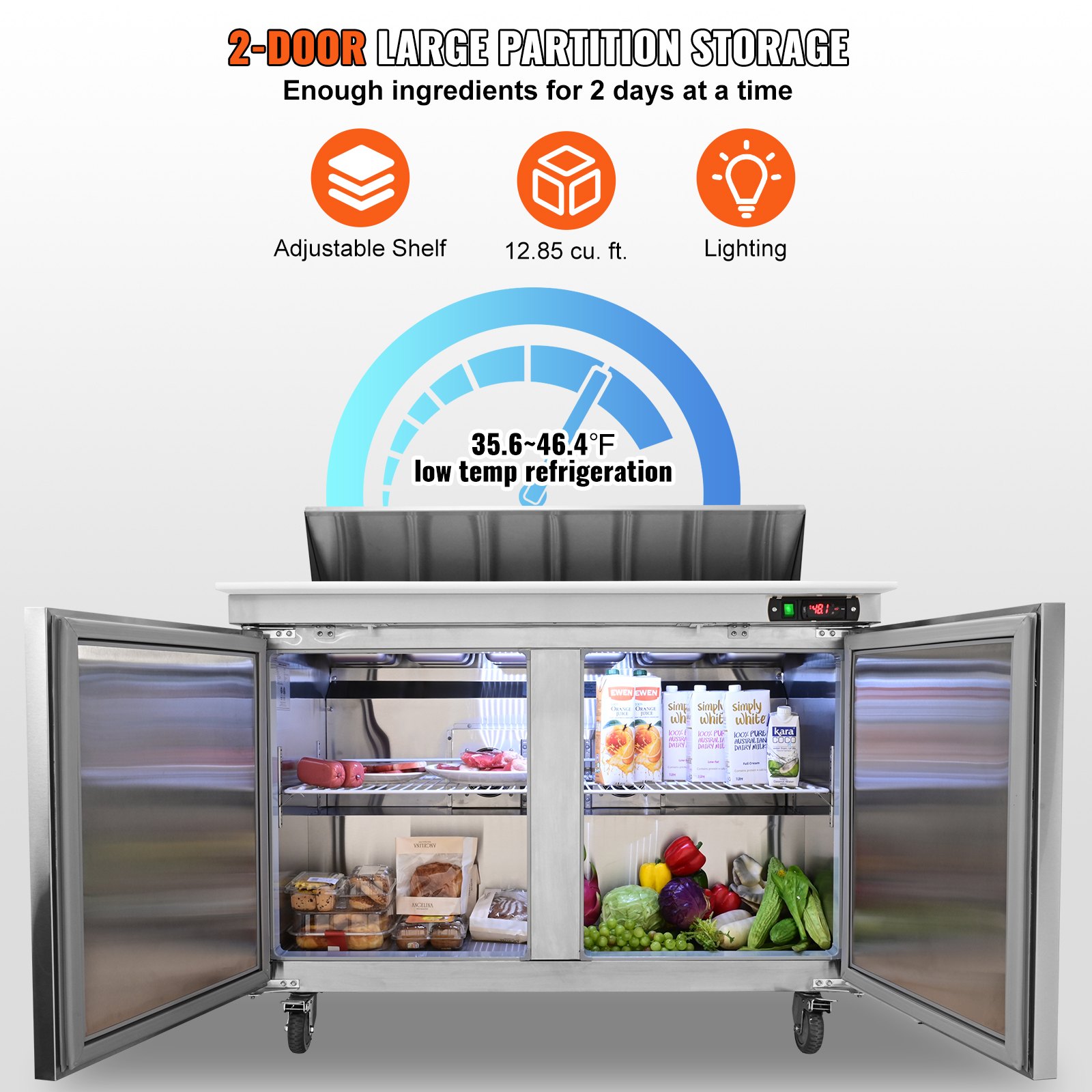 Commercial Refrigerator, 48" Sandwich & Salad Prep Table, 12.85 Cu. Ft Thick Stainless Steel Refrigerated Food Prep Station with 12 Pans Cutting Board, 2 Door Fridge for Restaurant, Bar, Shop Commercial Refrigerator, 48" Sandwich & Salad Prep Table, 12.85 Cu. Ft Thick Stainless Steel Refrigerated Food Prep Station with 12 Pans Cutting Board, 2 Door Fridge for Restaurant, Bar, Shop