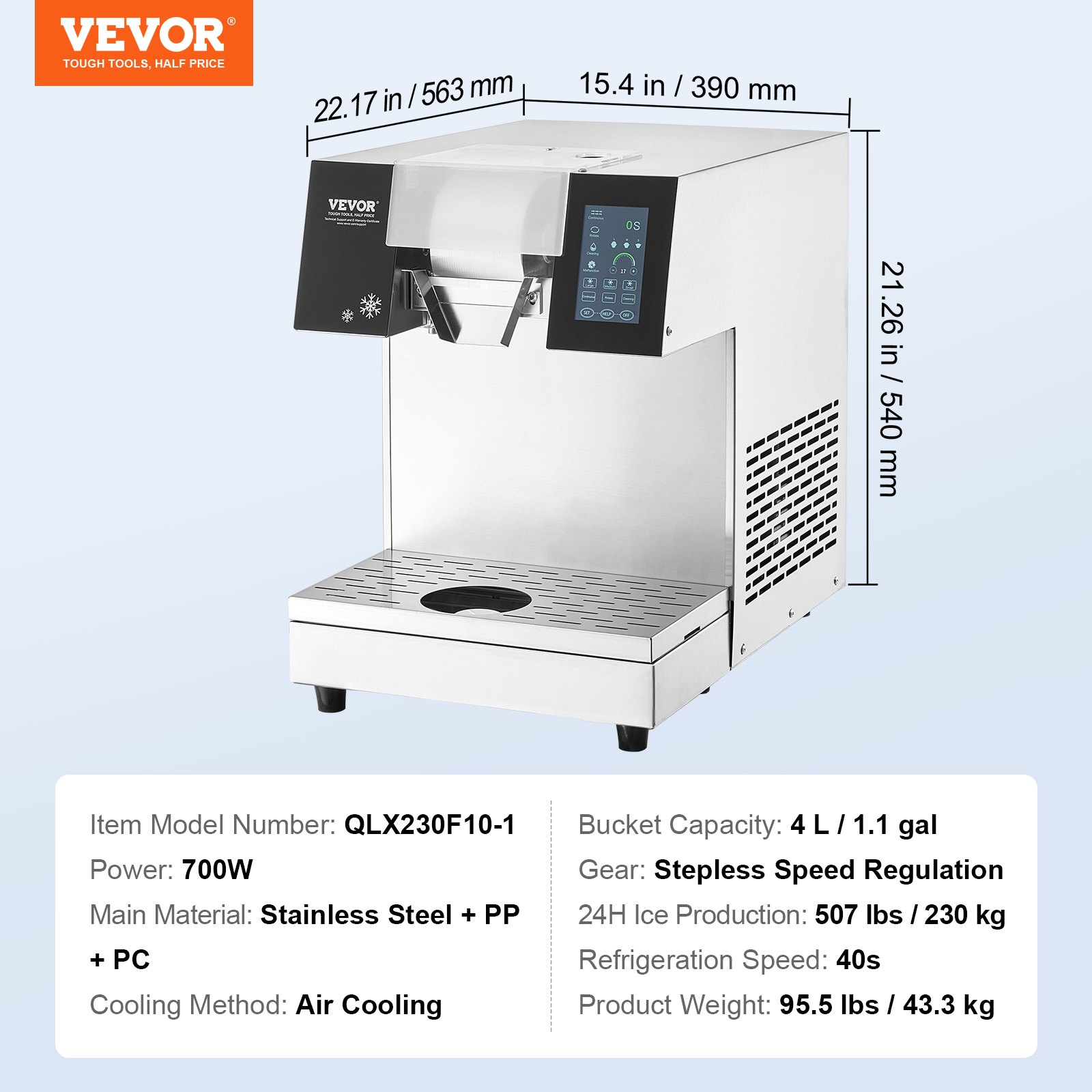 VEVOR Commercial Snowflake Ice Machine, 507LBS/24H Snowflake Ice Maker, Stainless Steel Ice Shaver Machine, Electric Snow Cone Maker, Air Cooling System for Rapid Heat Dissipation, for Bakery, Cafe