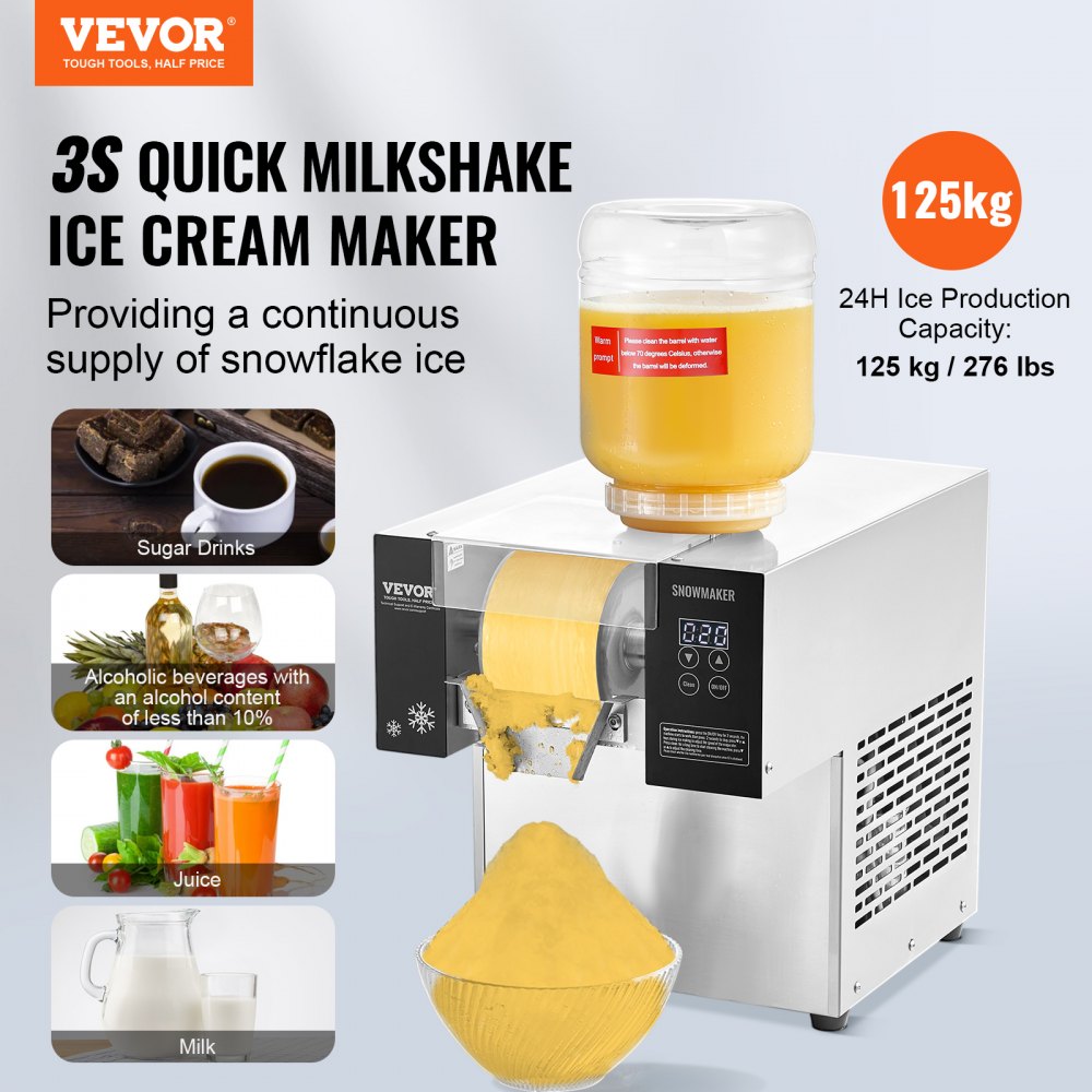 VEVOR Commercial Snowflake Ice Machine, 276LBS/24H Snowflake Ice Maker, Stainless Steel Ice Shaver Machine, Electric Snow Cone Maker, Air Cooling System for Rapid Heat Dissipation, for Bakery, Cafe