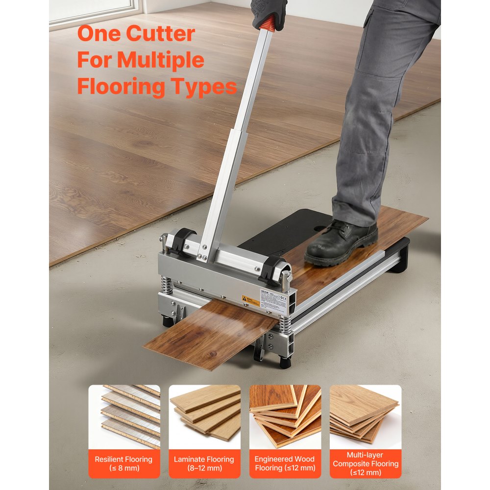 VEVOR 330mm Vinyl Floor Cutter, 12mm Thick Laminate Flooring Cutter with 15°/30°/45° Adjustable Angle Settings, Flexible Wheels, Telescoping Handle, Cuts Certain Engineered Wood, LVT,VCT,SPC,LVP,WPC