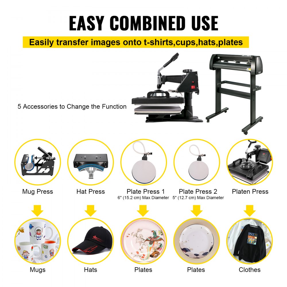 5in1 Heat Press 12"x15" Vinyl Cutter Plotter 34" Digital Printer Sticker Print
