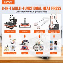 VEVOR Heat Press 8 i 1 Heat Press Machine 38x30cm T-skjorte trykk krus utskriftsmaskin Multifunksjonell varmeoverføringsmaskin for t-skjorte krus lue plate sublimasjonsutskrift