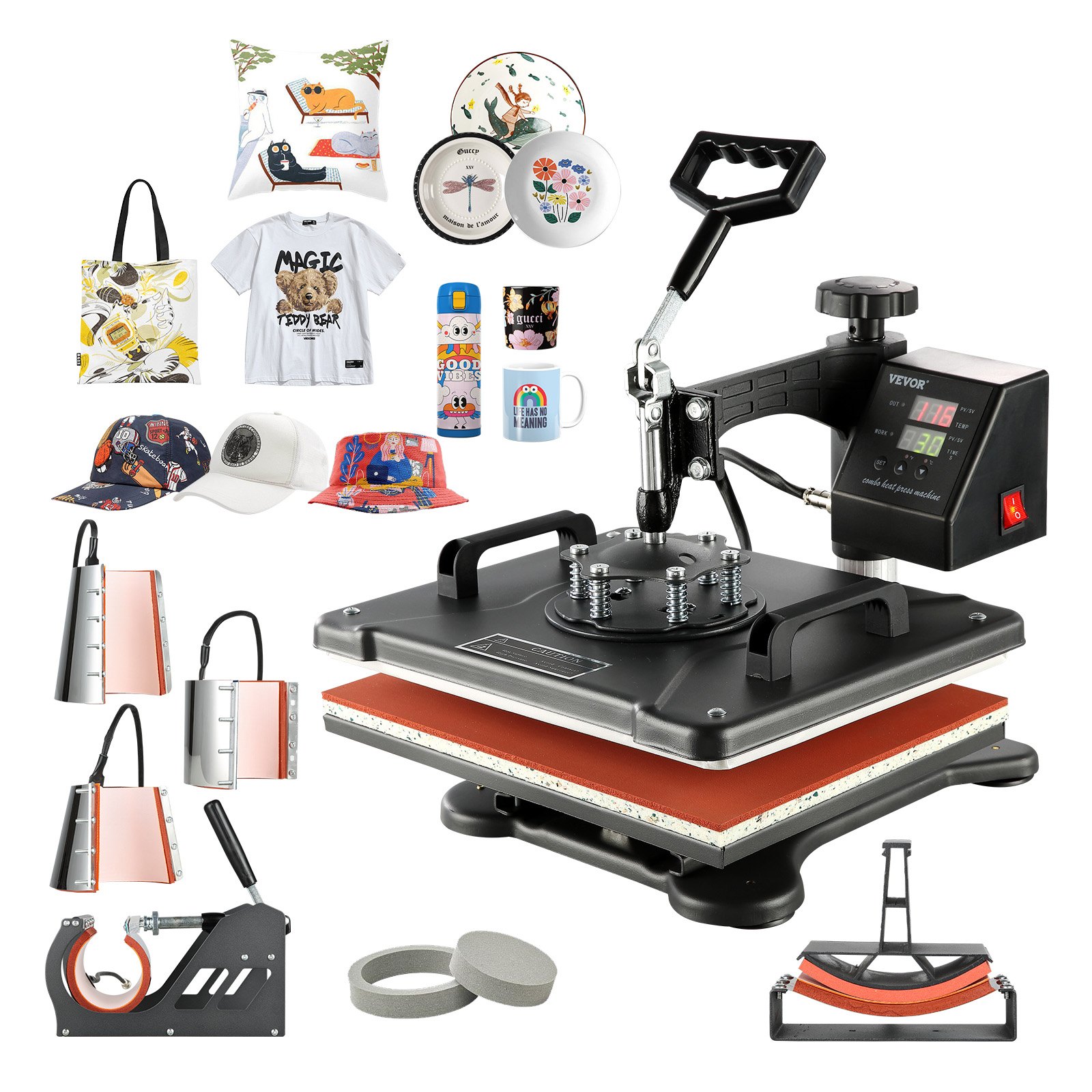 VEVOR Heat Press 8 in 1 Heat Press Machine 38x30cm T-shirt Press Mug Printing Machine Multifuctional Heat Transfer Machine for T-shirt Mug Hat Plate Sublimation Printing