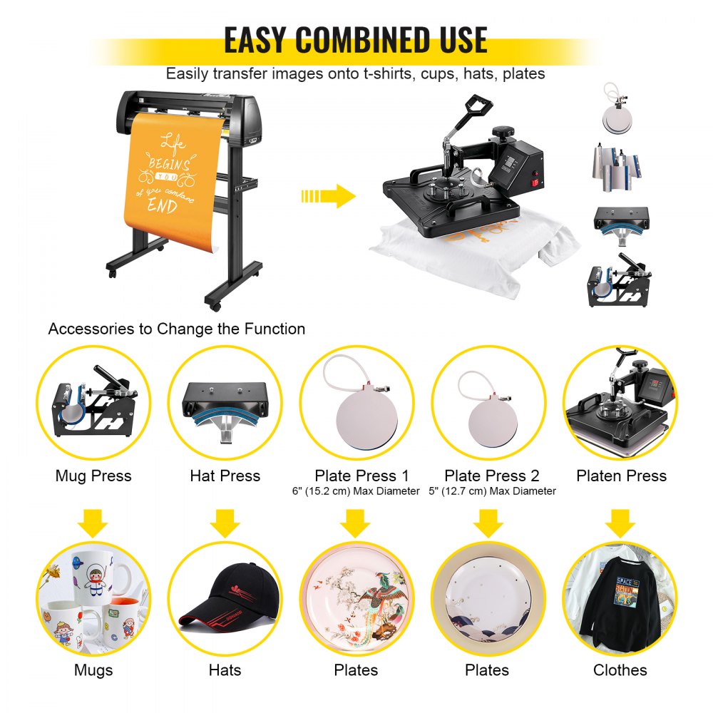 8 In 1 Heat Press 12"x15" Transfer Machine 34" Vinyl Cutter/plotter Cutting Diy