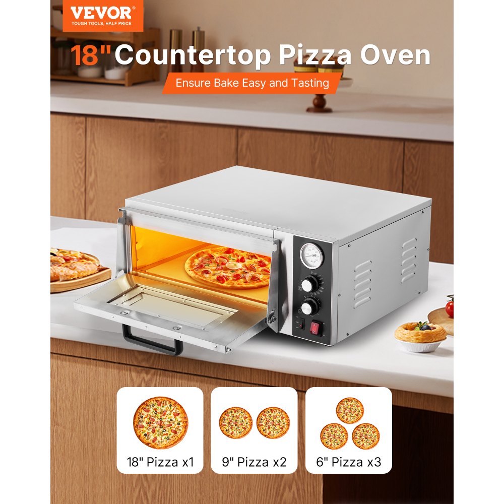 VEVOR Electric Pizza Oven, 18-Inch Commercial Pizza Ovens, 752°F Max Temp, 1740W Large Pizza Oven Countertop with Temp & Time Control, Built in Thermometer Indoor Pizza Maker for Restaurant Home Use