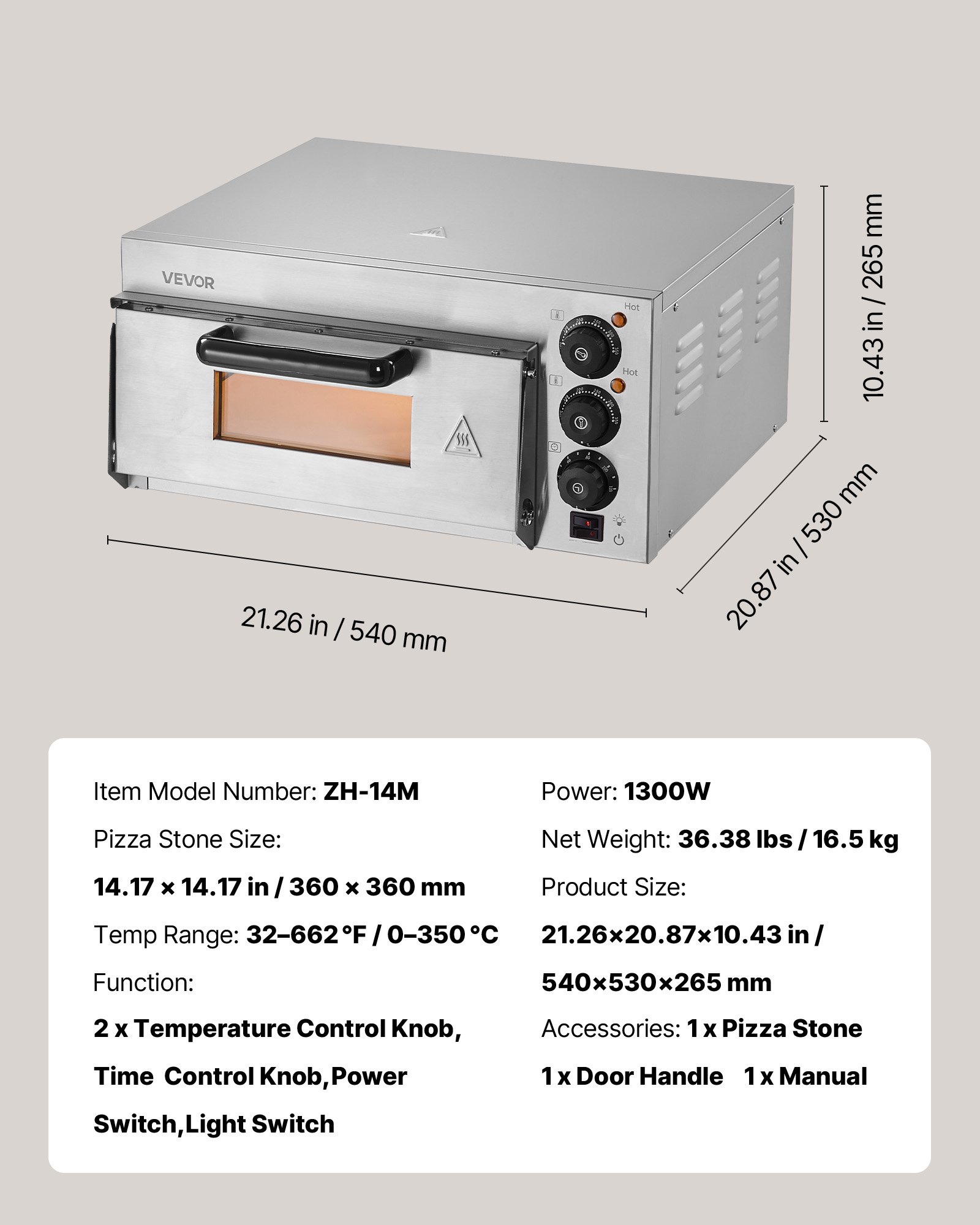 VEVOR Commercial Countertop Pizza Oven Electric Pizza Oven for 35.56 cm Pizza Indoor
