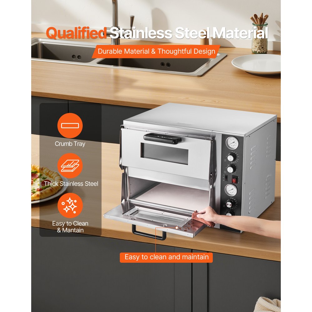 VEVOR Pizza Oven Electric, 18" Double-Deck Commercial Countertop Pizza Oven, 842°F Max Temp, Indoor Pizza Maker with Thermometer, Independent Upper & Lower Temp Control & Timer for Home Restaurant