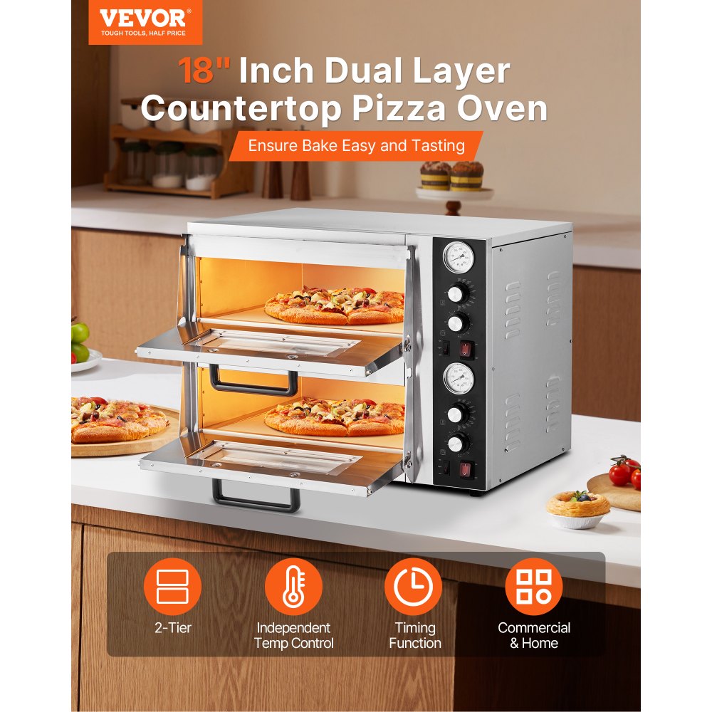 VEVOR Pizza Oven Electric, 18" Double-Deck Commercial Countertop Pizza Oven, 842°F Max Temp, Indoor Pizza Maker with Thermometer, Independent Upper & Lower Temp Control & Timer for Home Restaurant