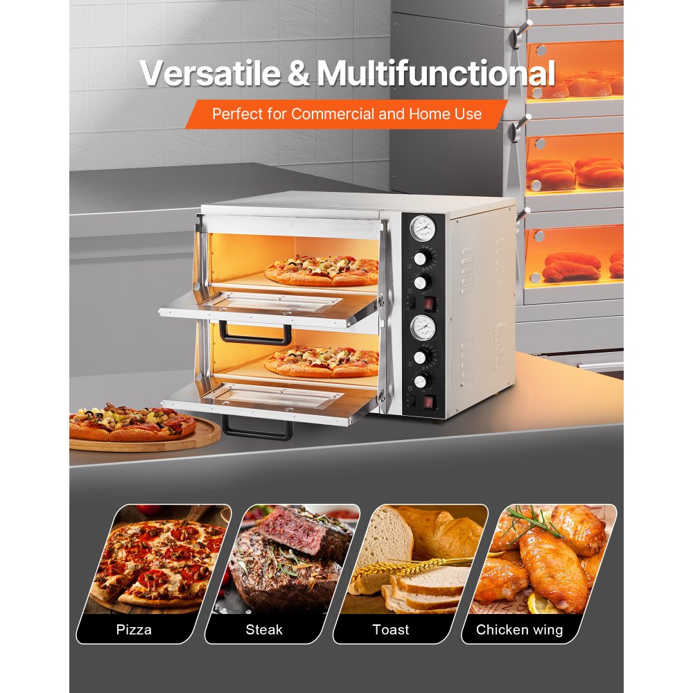 VEVOR Pizza Oven Electric, 18" Double-Deck Commercial Countertop Pizza Oven, 842°F Max Temp, Indoor Pizza Maker with Thermometer, Independent Upper & Lower Temp Control & Timer for Home Restaurant