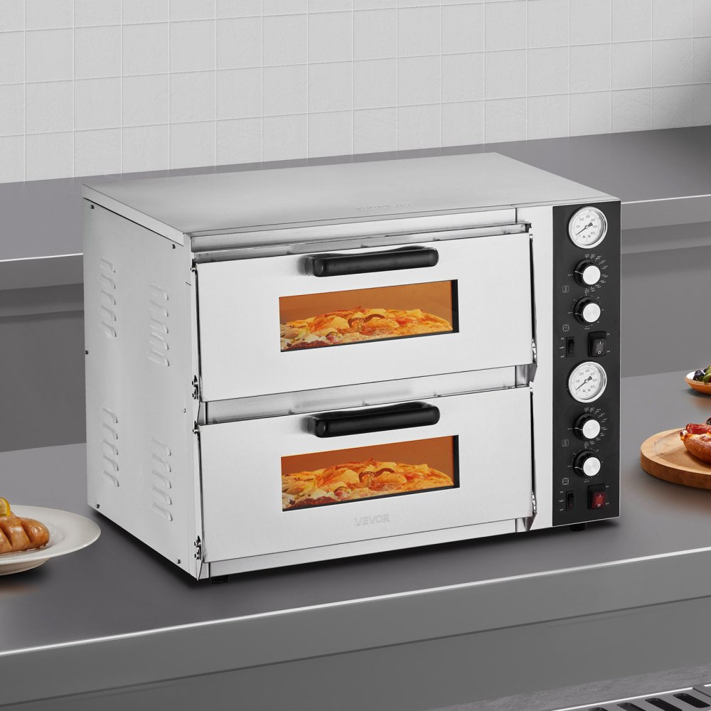 VEVOR Pizza Oven Electric, 18" Double-Deck Commercial Countertop Pizza Oven, 842°F Max Temp, Indoor Pizza Maker with Thermometer, Independent Upper & Lower Temp Control & Timer for Home Restaurant