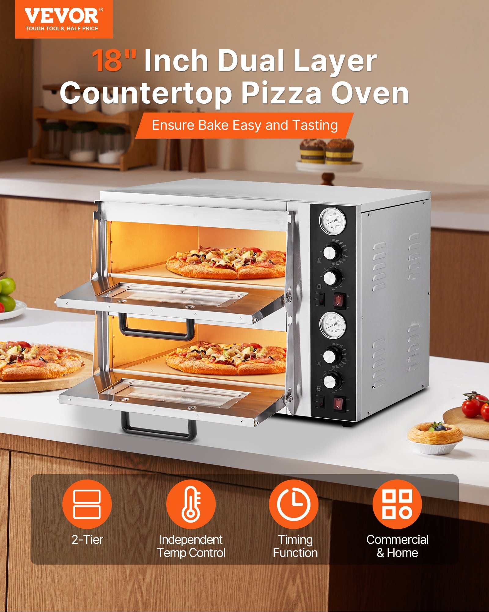 VEVOR Pizza Oven Electric, 18" Double-Deck Commercial Countertop Pizza Oven, 842°F Max Temp, Indoor Pizza Maker with Thermometer, Independent Upper & Lower Temp Control & Timer for Home Restaurant