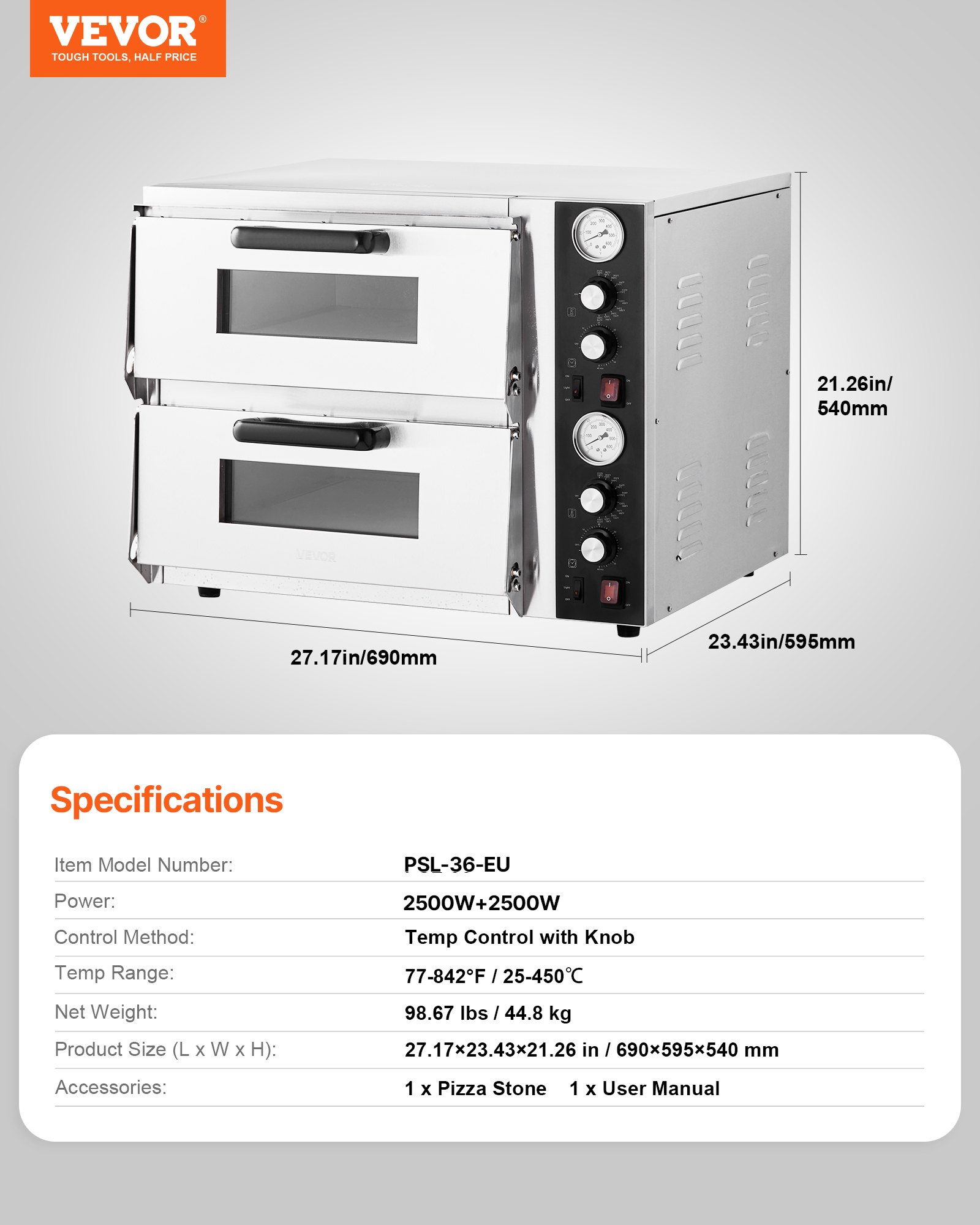 VEVOR Pizza Oven Electric, 18" Double-Deck Commercial Countertop Pizza Oven, 842°F Max Temp, Indoor Pizza Maker with Thermometer, Independent Upper & Lower Temp Control & Timer for Home Restaurant