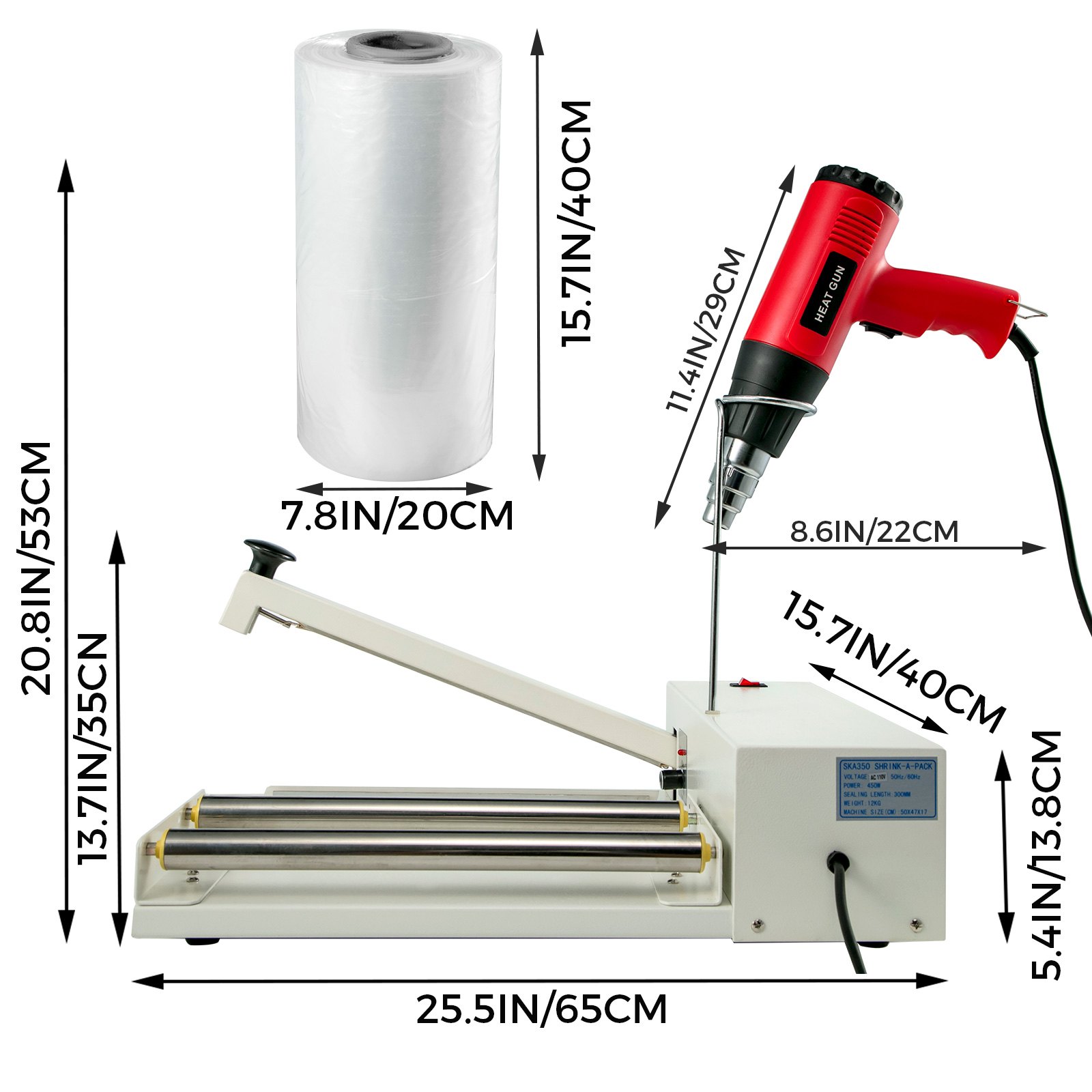 VEVOR 18\" Shrink Wrap Sealer, 530W I-Bar Shrink Wrap Machine, Shrink Wrap Sealer with Heat Gun and Shrink Film Suit for PVC POF Film