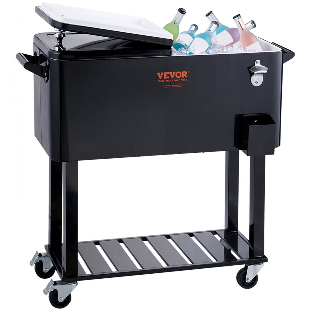 VEVOR Rolling Ice Chest Cooler Cart 80 Quart, Portable Bar Drink Cooler, Beverage Bar Stand Up Cooler with Wheels, Bottle Opener, Handles for Patio, Backyard, Party and Pool, Black, FDA Listed