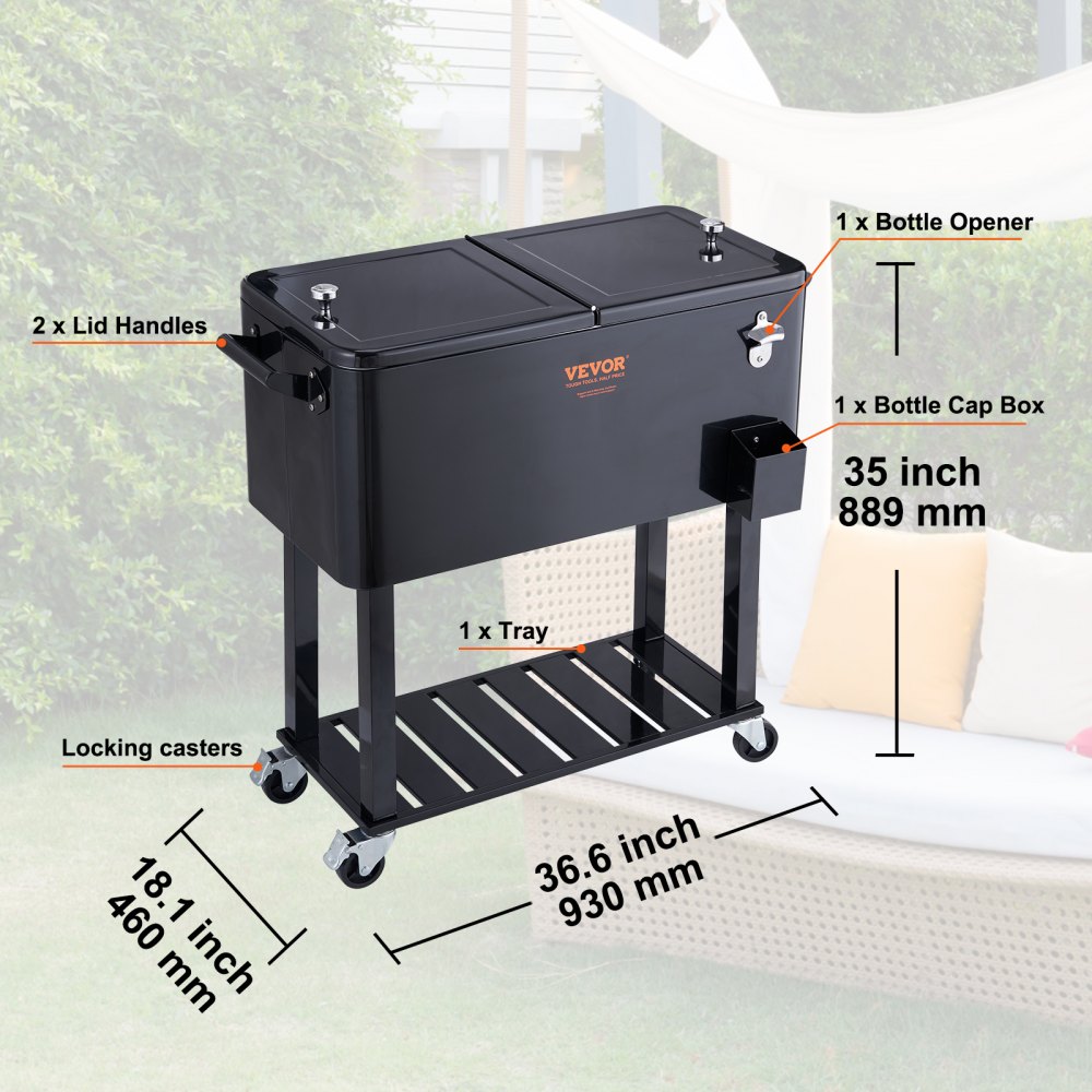 VEVOR Rolling Ice Chest Cooler Cart 80 Quart, Portable Bar Drink Cooler, Beverage Bar Stand Up Cooler with Wheels, Bottle Opener, Handles for Patio, Backyard, Party and Pool, Black, FDA Listed