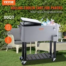 VEVOR Rolling Ice Chest Cooler Cart 80 Quart, Portable Bar Drink Cooler, Beverage Bar Stand Up Cooler with Wheels, Bottle Opener, Handles for Patio, Backyard, Party and Pool, Gray, FDA Listed