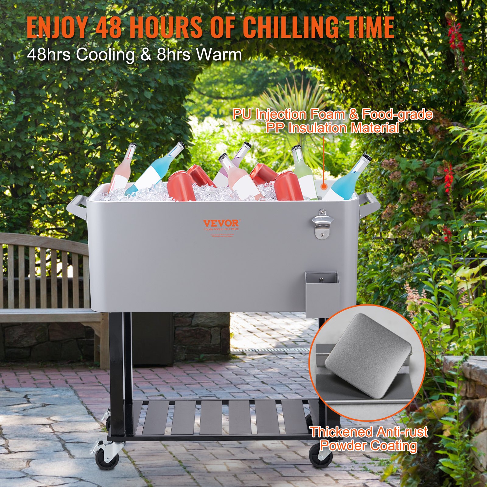 VEVOR 80Qt Rolling Cooler Cart with Bottle Opener Drainage Patio Party Bar Drink