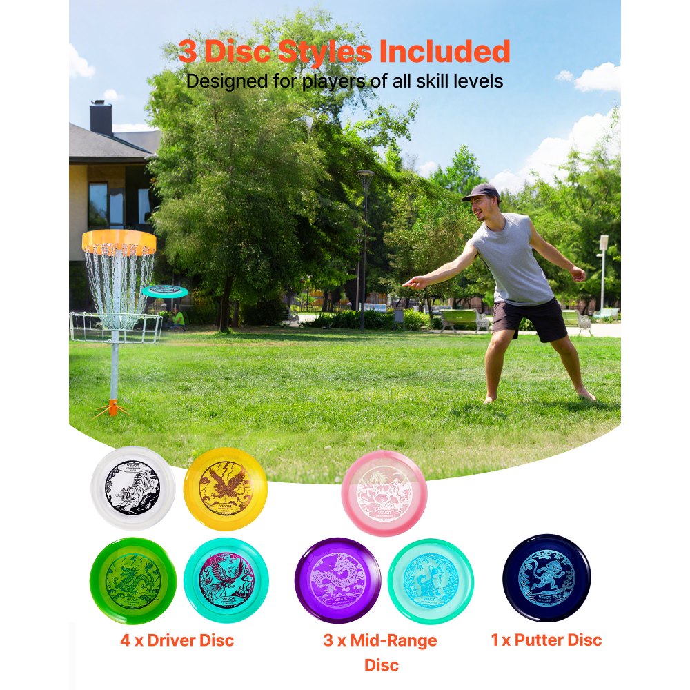 VEVOR Disc Golf Set, 8 Pack Disc Golf Starter Set, Beginners Flying Discs for Full-Body Strength Training, with Putter, Mid-Range, Driver, for Outdoor Backyard, Lawn, Beach, and Park