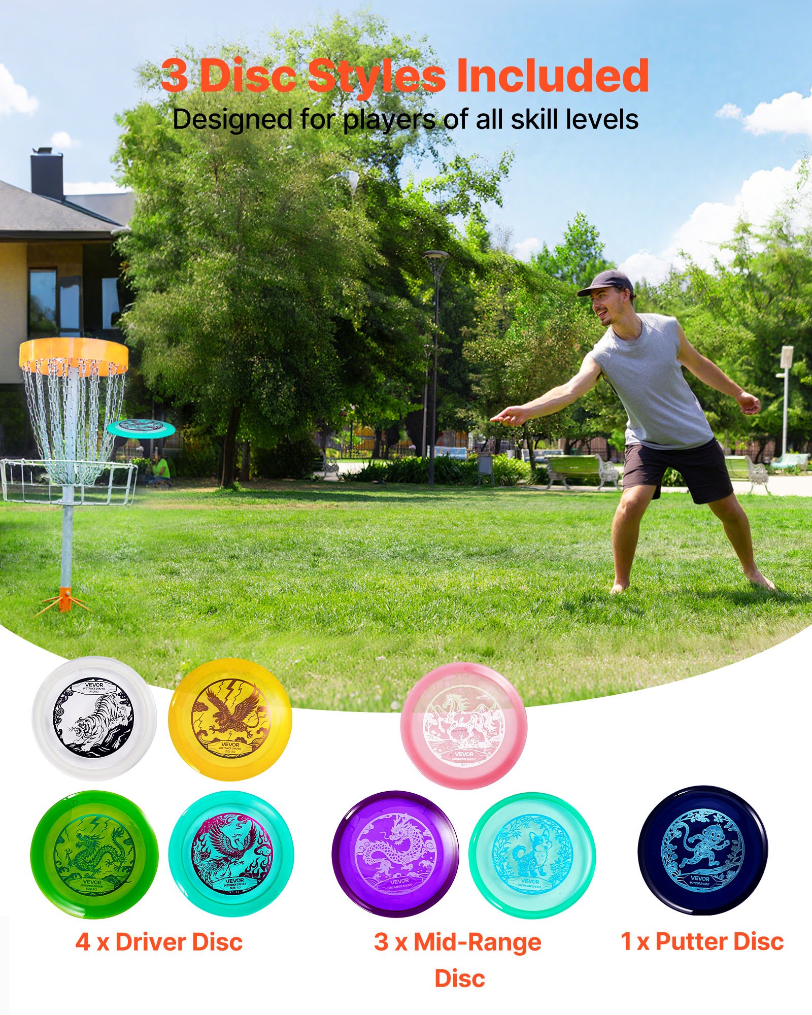 VEVOR Disc Golf Set, 8 Pack Disc Golf Starter Set, Beginners Flying Discs for Full-Body Strength Training, with Putter, Mid-Range, Driver, for Outdoor Backyard, Lawn, Beach, and Park