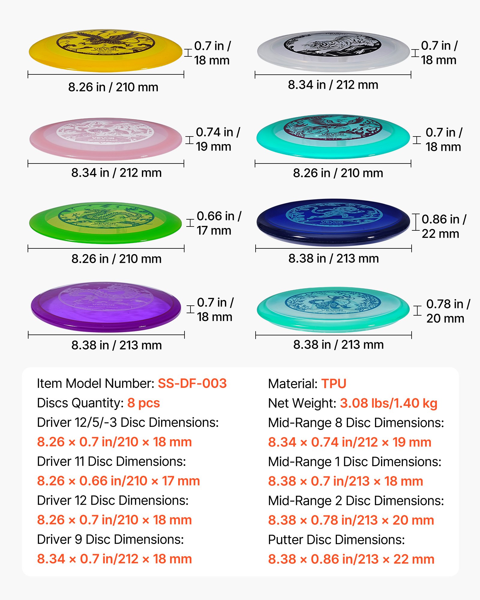 VEVOR Disc Golf Set, 8 Pack Disc Golf Starter Set, Beginners Flying Discs for Full-Body Strength Training, with Putter, Mid-Range, Driver, for Outdoor Backyard, Lawn, Beach, and Park