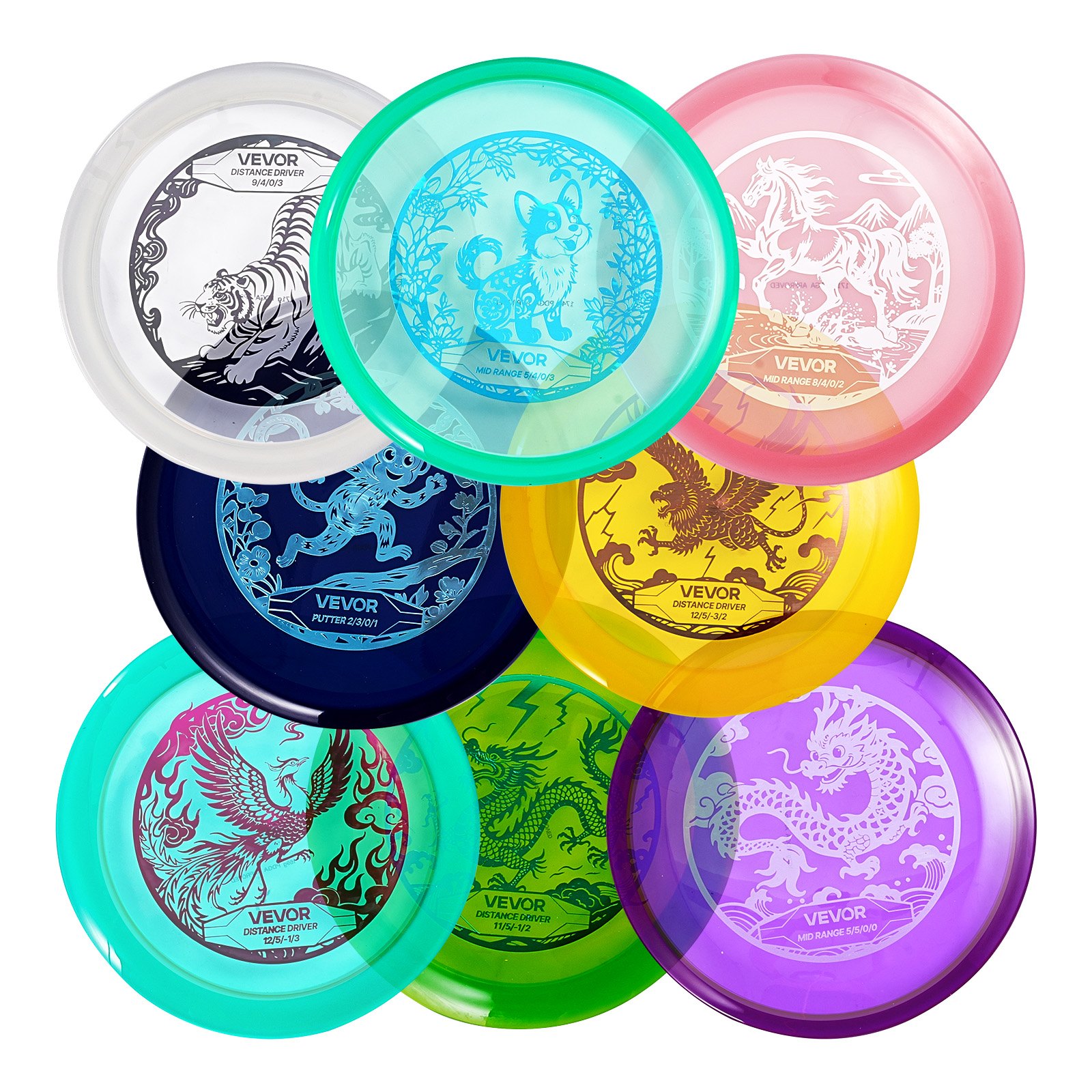 VEVOR Disc Golf Set, 8 Pack Disc Golf Starter Set, Beginners Flying Discs for Full-Body Strength Training, with Putter, Mid-Range, Driver, for Outdoor Backyard, Lawn, Beach, and Park
