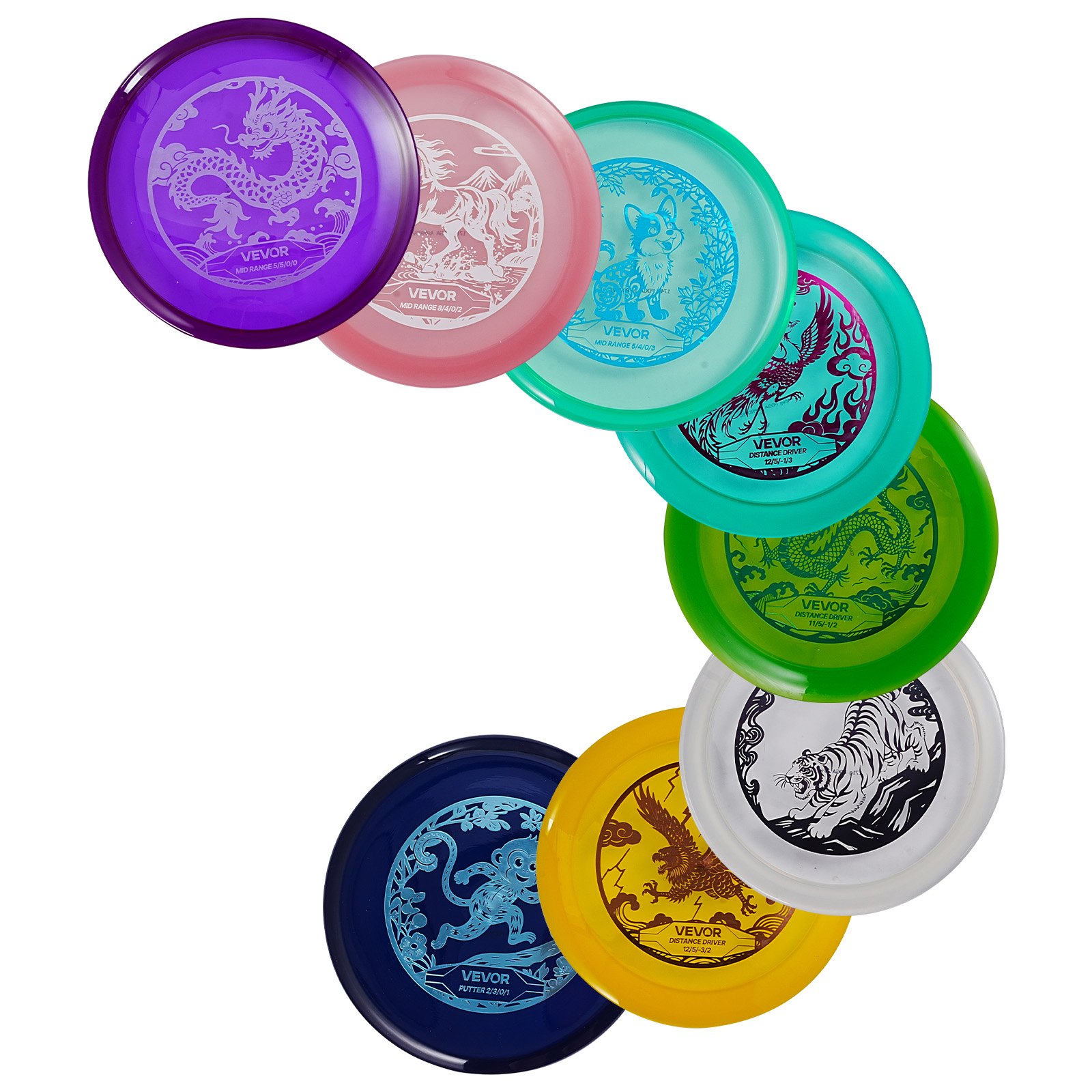 VEVOR Disc Golf Set, 8 Pack Disc Golf Starter Set, Beginners Flying Discs for Full-Body Strength Training, with Putter, Mid-Range, Driver, for Outdoor Backyard, Lawn, Beach, and Park