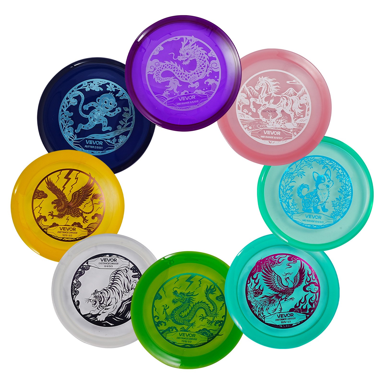 VEVOR Disc Golf Set, 8 Pack Disc Golf Starter Set, Beginners Flying Discs for Full-Body Strength Training, with Putter, Mid-Range, Driver, for Outdoor Backyard, Lawn, Beach, and Park