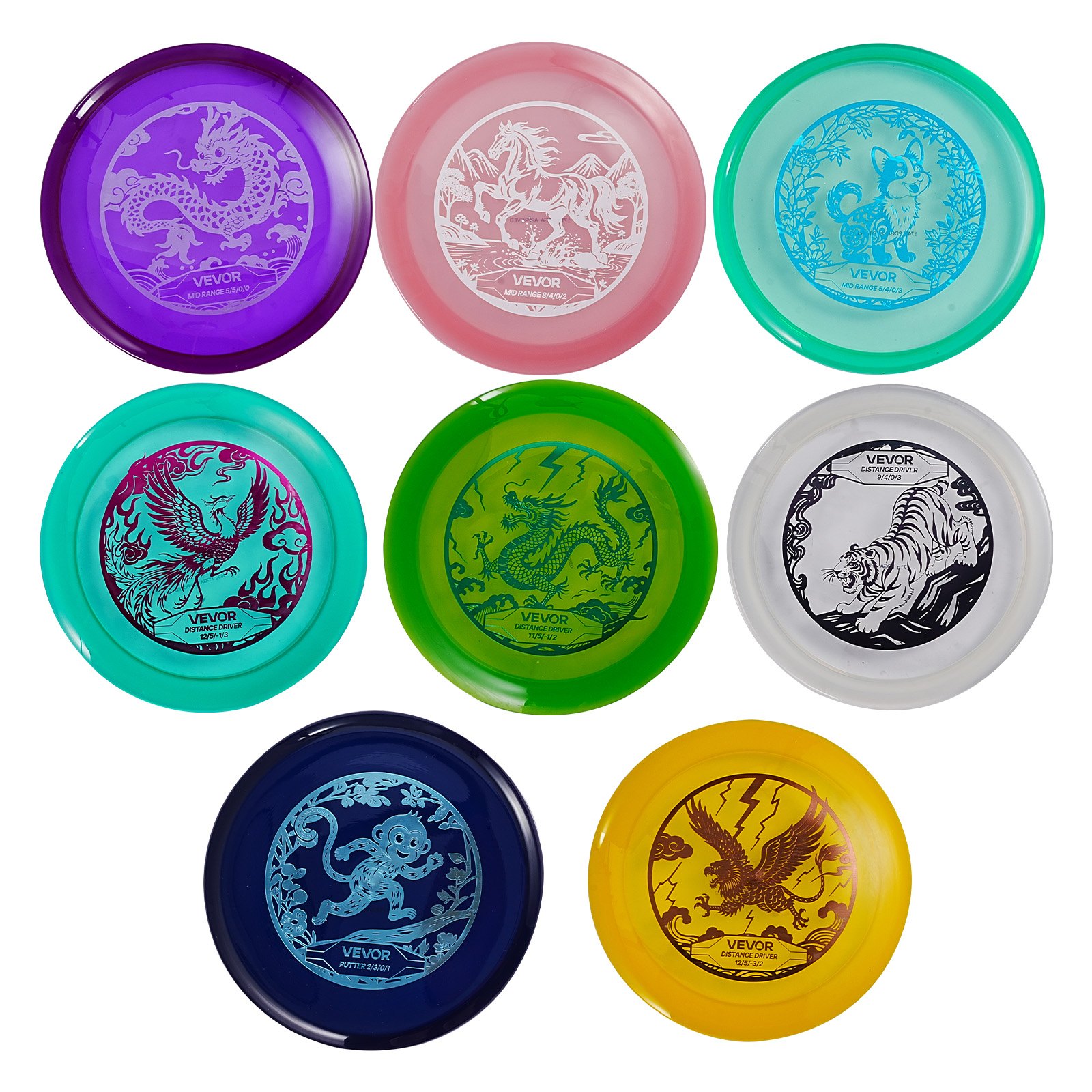 VEVOR Disc Golf Set, 8 Pack Disc Golf Starter Set, Beginners Flying Discs for Full-Body Strength Training, with Putter, Mid-Range, Driver, for Outdoor Backyard, Lawn, Beach, and Park