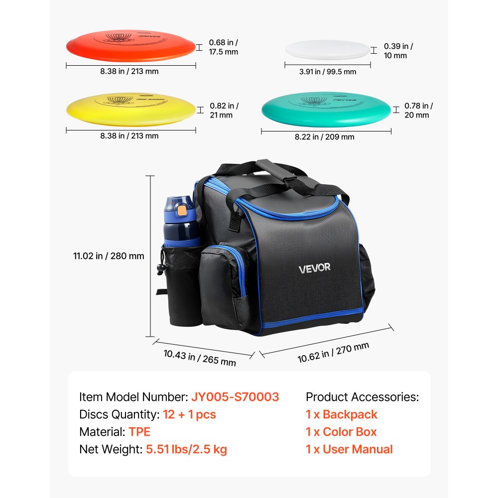 VEVOR Disc Golf Set, 12dílná sada létajících disků pro začátečníky, startovací sada pro discgolf, s putterem, středně velkým putterem, driverem, včetně mini markeru, přenosný batoh, pro venkovní použití na zahradě, trávníku, pláži a v parku