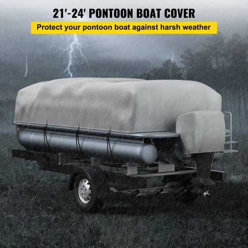 VEVOR Pontoon Boat Cover, Fit for 21'-24' Boat, Heavy Duty 600D Marine Grade Oxford Fabric, UV Resistant Waterproof Trailerable Boat Cover w/ 2 Support Poles and 7 Wind-Proof Straps, Gray