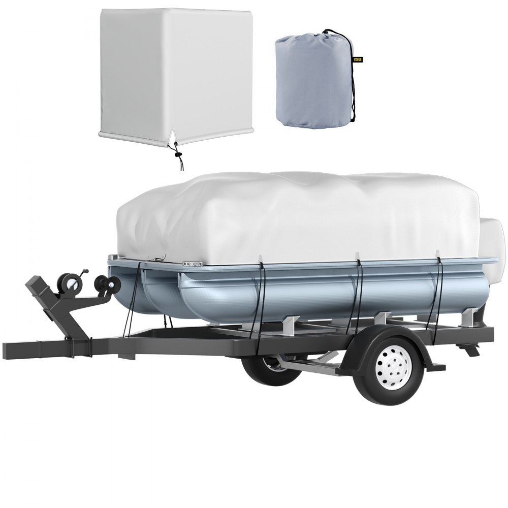 VEVOR pontoon boat cover secured on boat trailer with storage bag and cover detail in background.