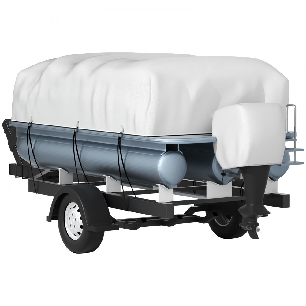VEVOR pontoon boat cover on boat with trailer, tightly secured with straps, covering the entire boat.
