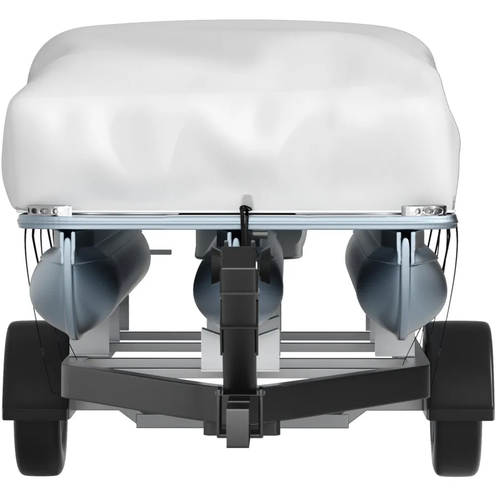 VEVOR pontoon boat cover secured on a trailer, showing front view of boat under protective cover.