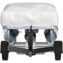 VEVOR pontoon boat cover secured on a trailer, showing front view of boat under protective cover.