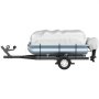 pontoon boat on trailer with VEVOR pontoon boat cover secured, showing side view and engine.