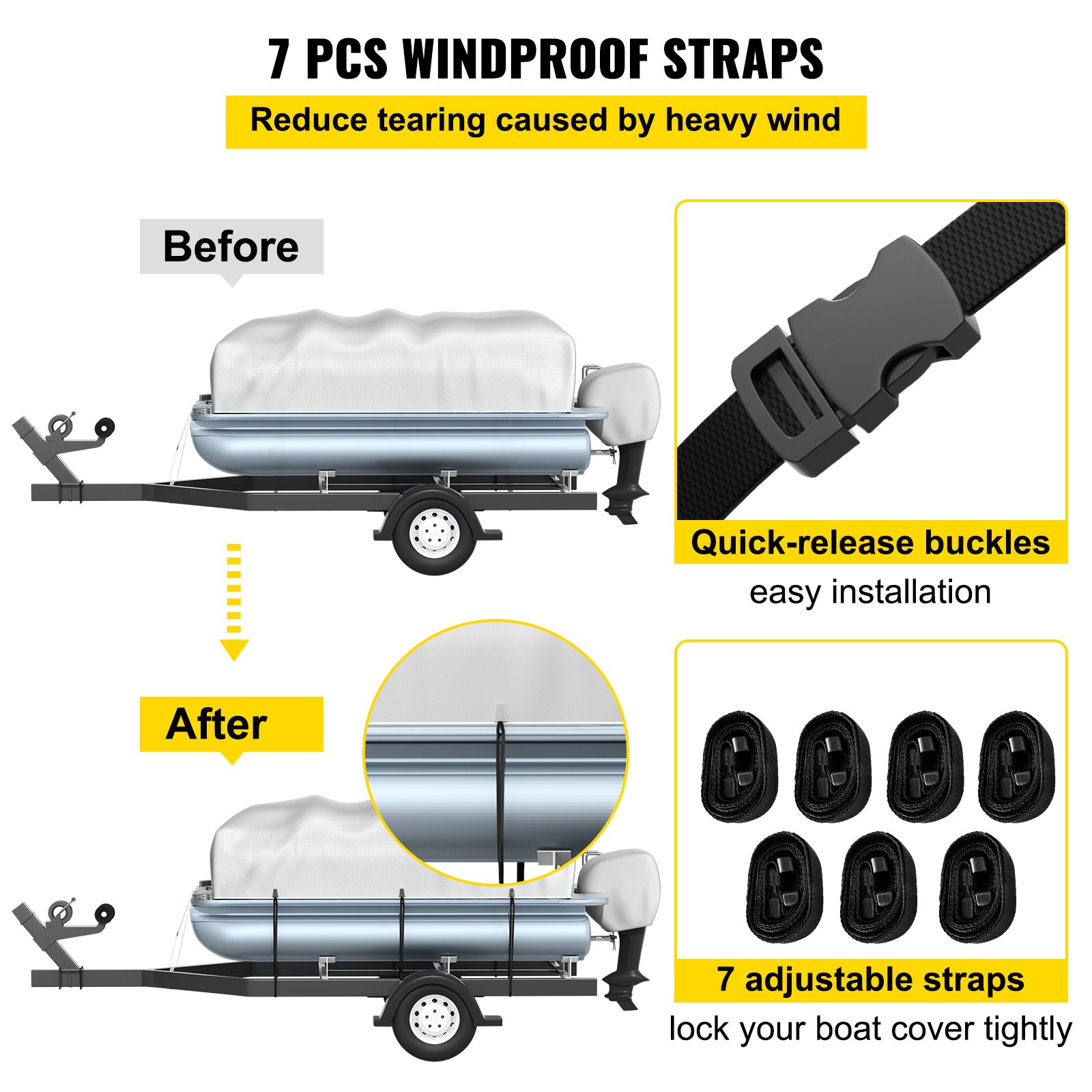 before and after using 7 windproof straps with quick-release buckles for easy installation on VEVOR pontoon boat cover.
