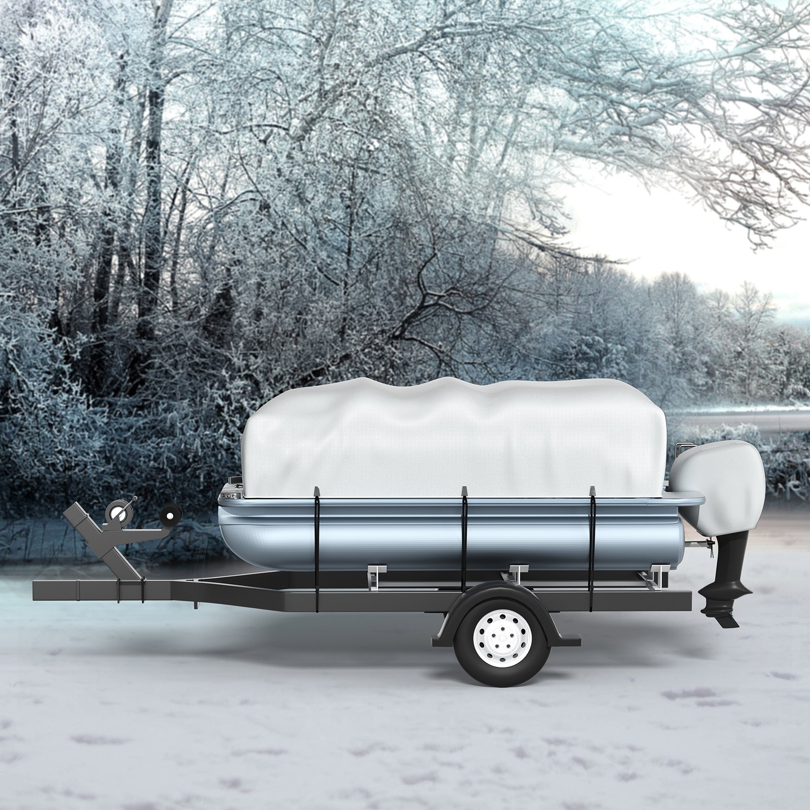 pontoon boat on a trailer covered by a VEVOR pontoon boat cover in a snowy forest background.