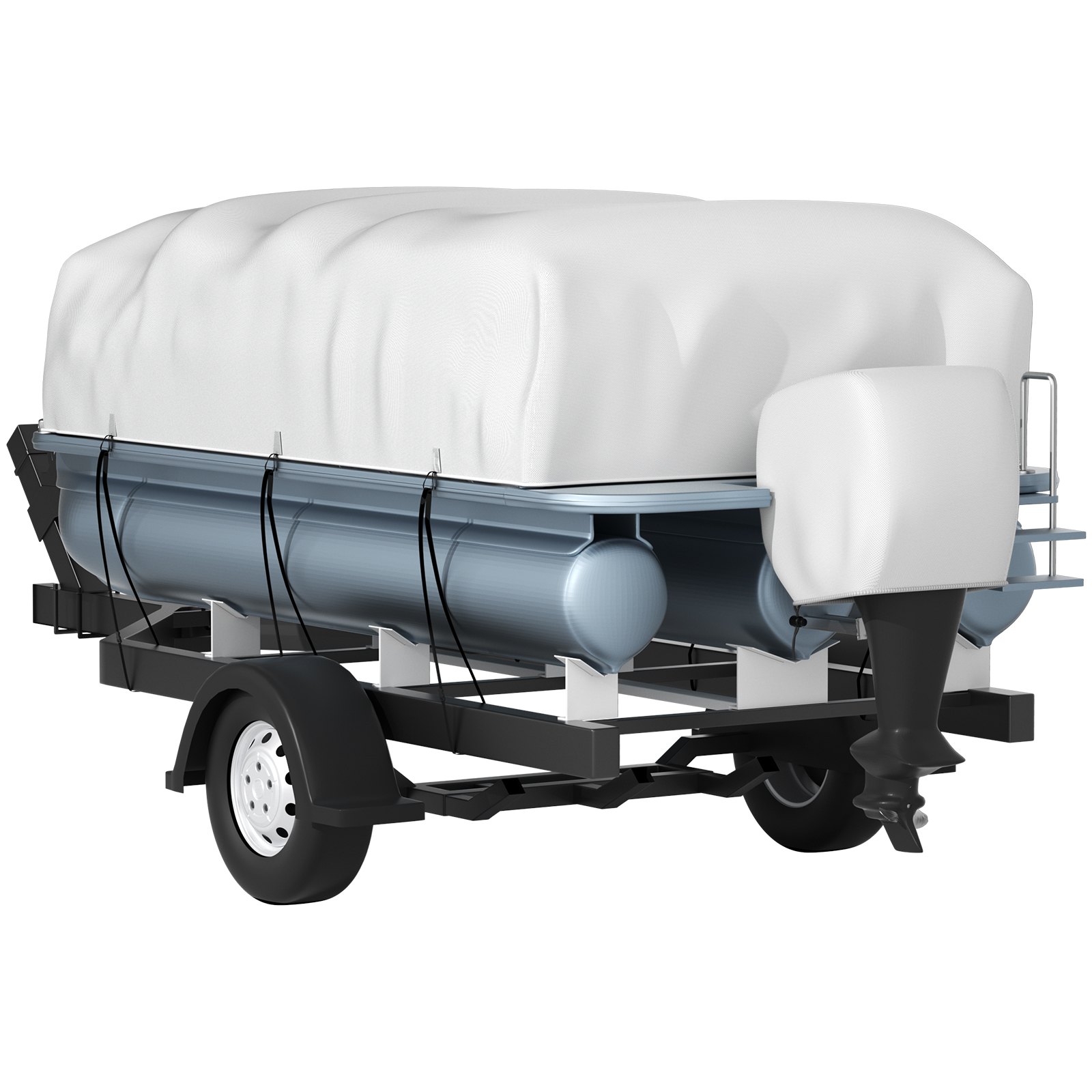 VEVOR pontoon boat cover on boat with trailer, tightly secured with straps, covering the entire boat.
