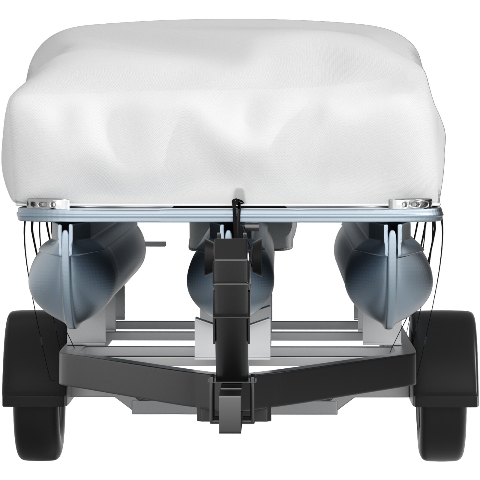 VEVOR pontoon boat cover secured on a trailer, showing front view of boat under protective cover.