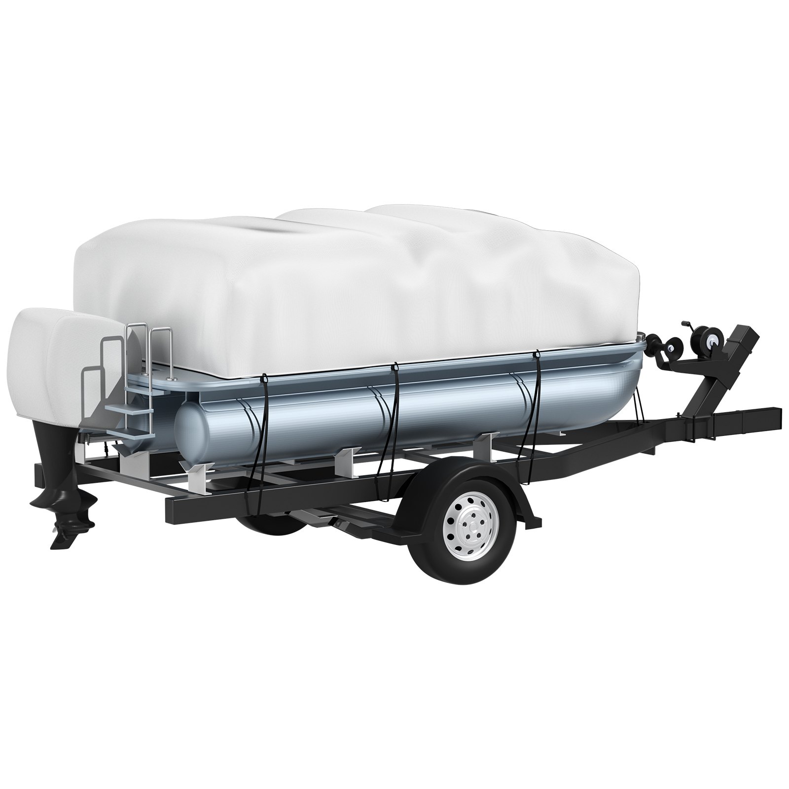 pontoon boat on a trailer covered with a VEVOR pontoon boat cover, secured with straps.