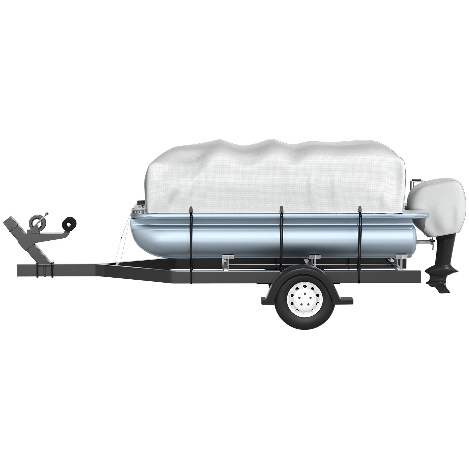 pontoon boat on trailer with VEVOR pontoon boat cover secured, showing side view and engine.