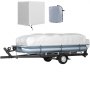 VEVOR pontoon boat cover on trailer with storage bag and protective cover inset.